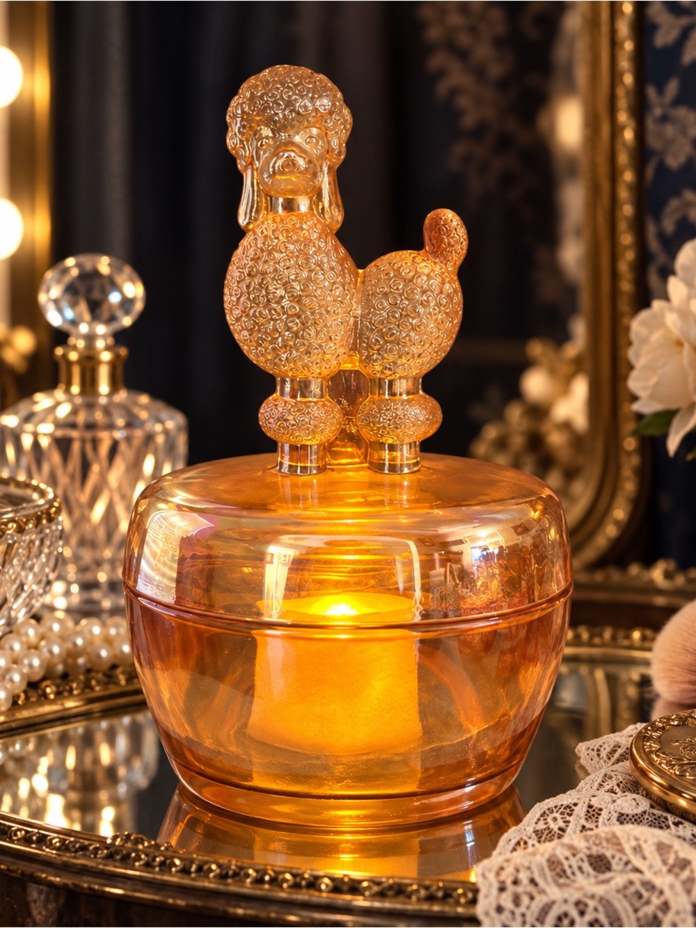 Vintage Jeannette Marigold Carnival Glass Poodle Fairy Lamp